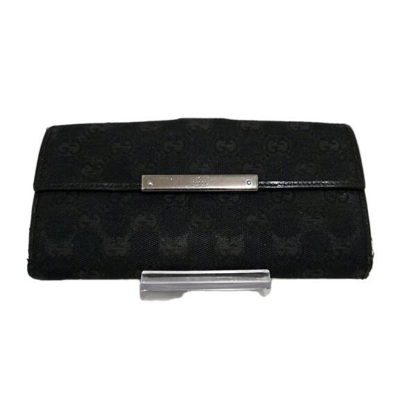 Gucci GG Canvas Leather Black Logo Plate Long Wallet Flap Snap - Picture 1 of 9